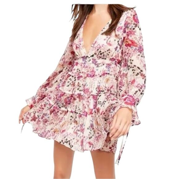 Free People Long Sleeve Floral Mini Dress Deep V Neck Size Medium - Picture 4 of 8